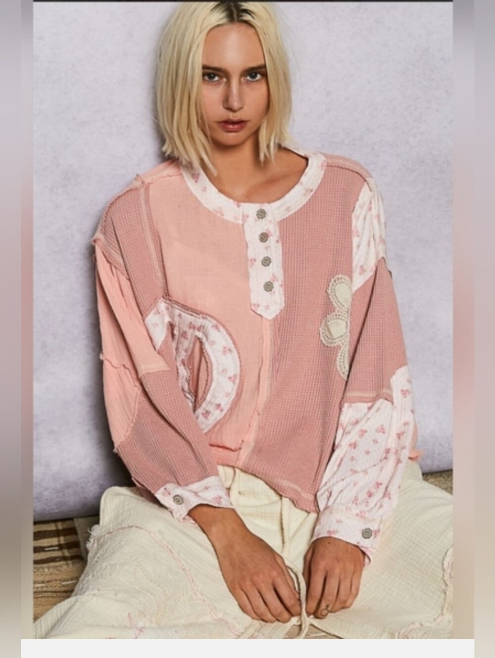 POL NWOT Patchwork Peach Pink Henley Pullover